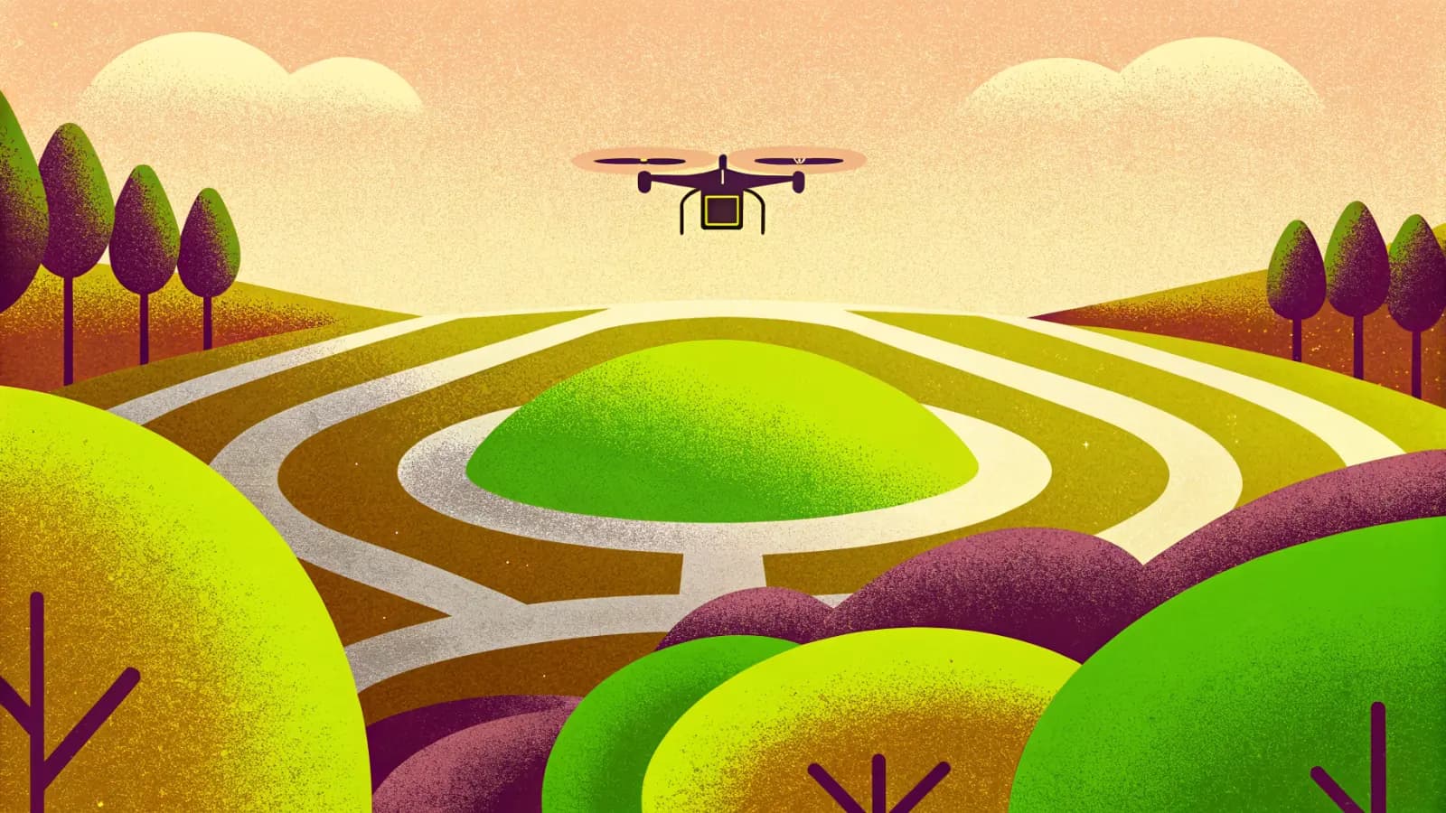 Illustration in a warm, grainy, flat style: a rounded green mound ringed by concentric curving paths, with trees around it and a small drone above