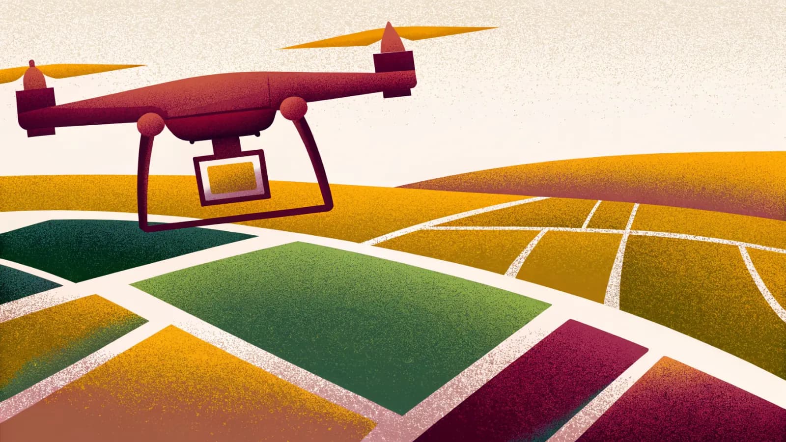 Illustration in a warm, grainy, flat style: a camera drone close in the foreground above a patchwork of fields divided by pale tracks