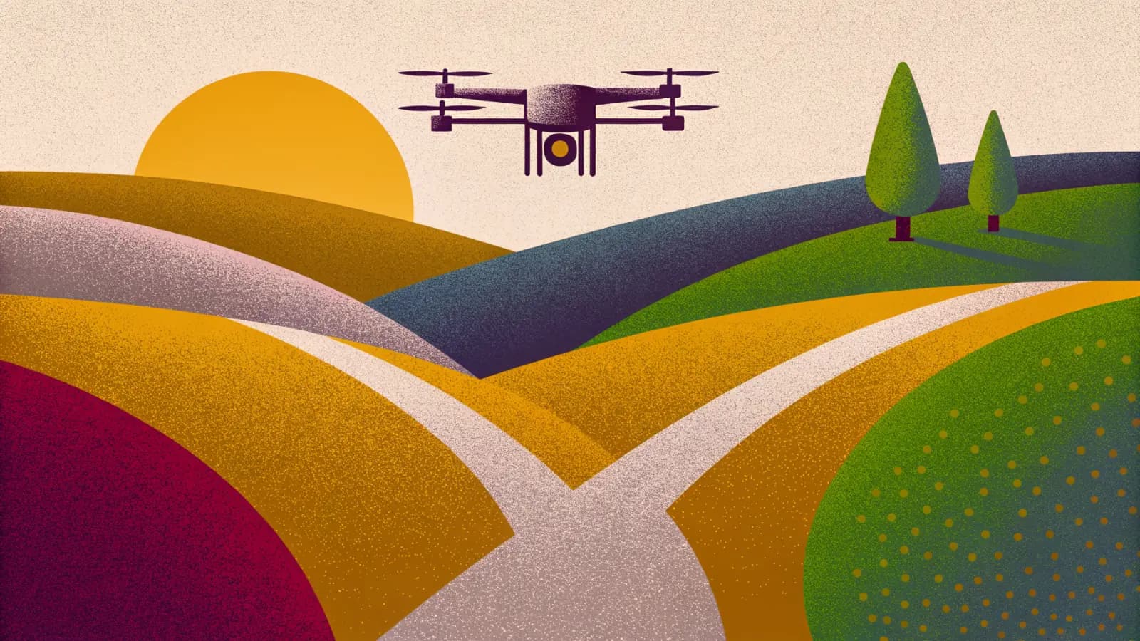Illustration in a warm, grainy, flat style: a drone in the foreground above rolling fields, with a pale track curving away and a low sun behind