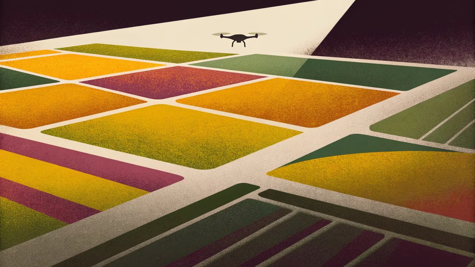 Illustration in a warm, grainy, flat style: crop fields in a grid of differently coloured blocks seen from above at an angle, with a small drone overhead