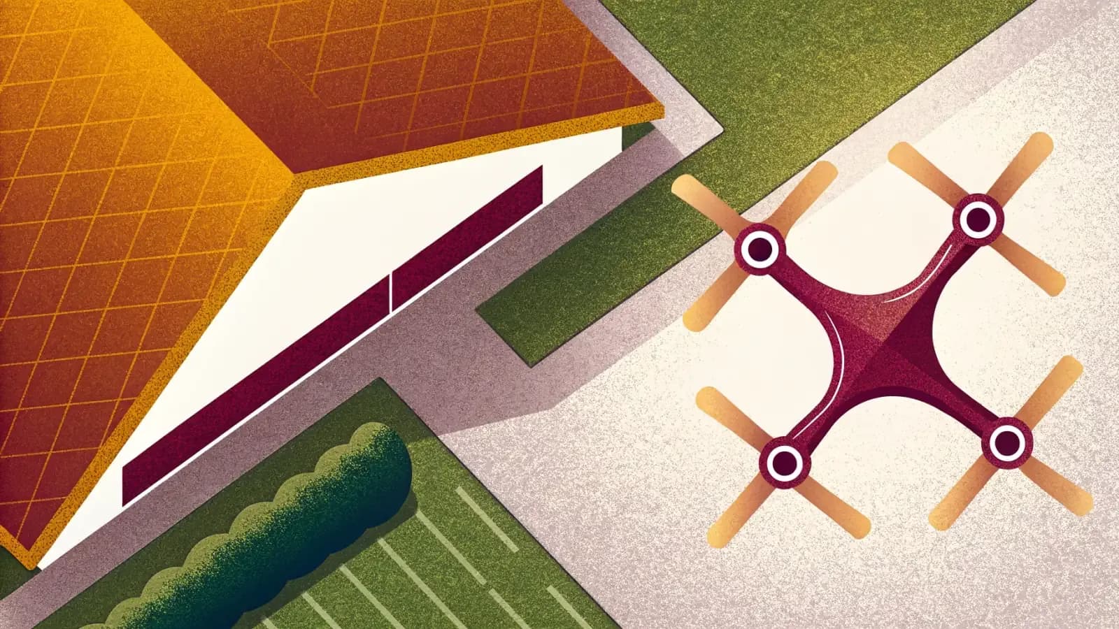 Illustration seen from directly above of a burgundy quadcopter drone with four arms in an X and a mustard propeller on each one, over pale paving beside a house with a terracotta tiled roof, a clipped hedge and a strip of grass.