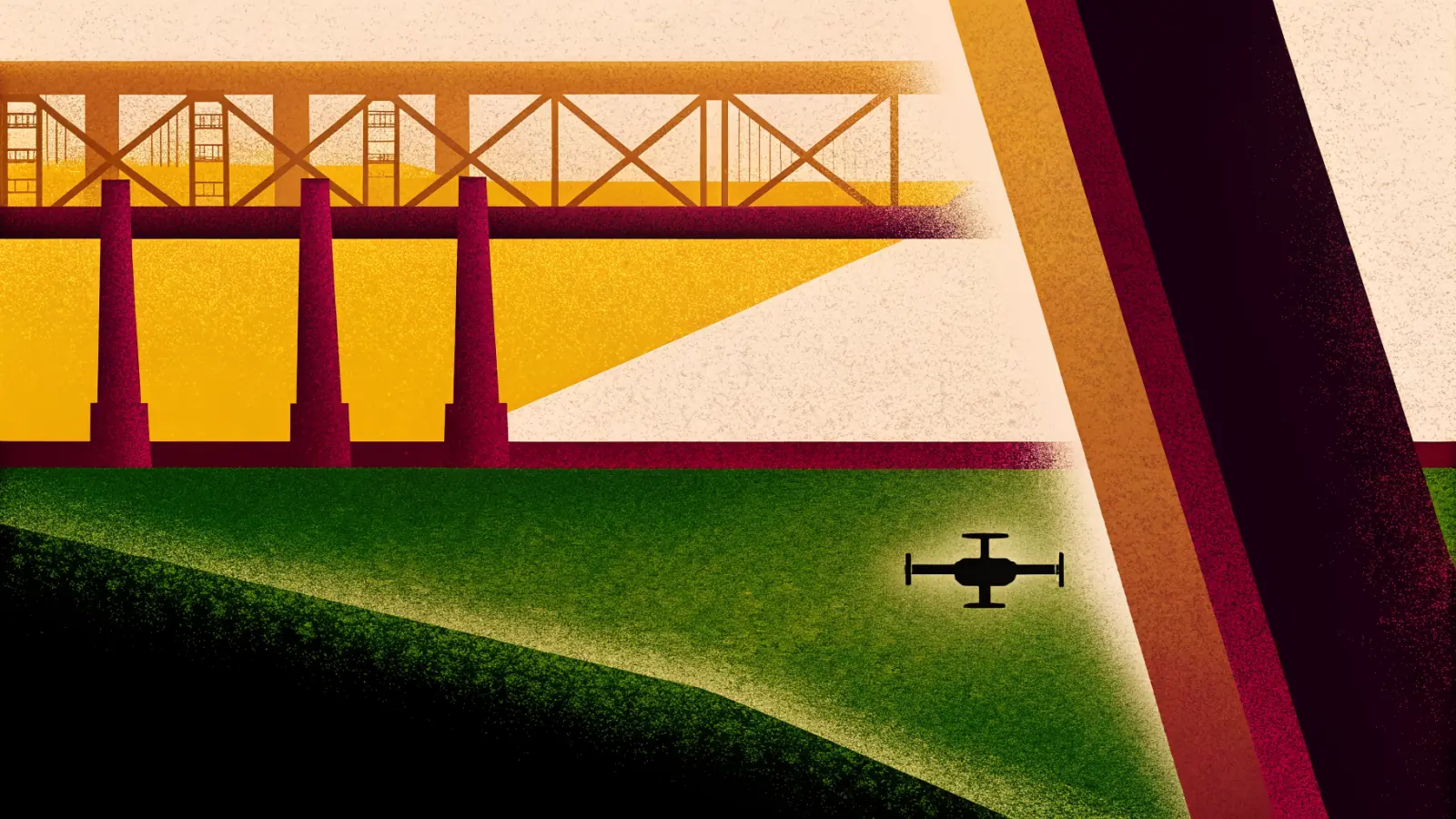Illustration in a warm, grainy, flat style: a girder bridge carried on tall piers above a green bank, with a small drone hovering below the deck