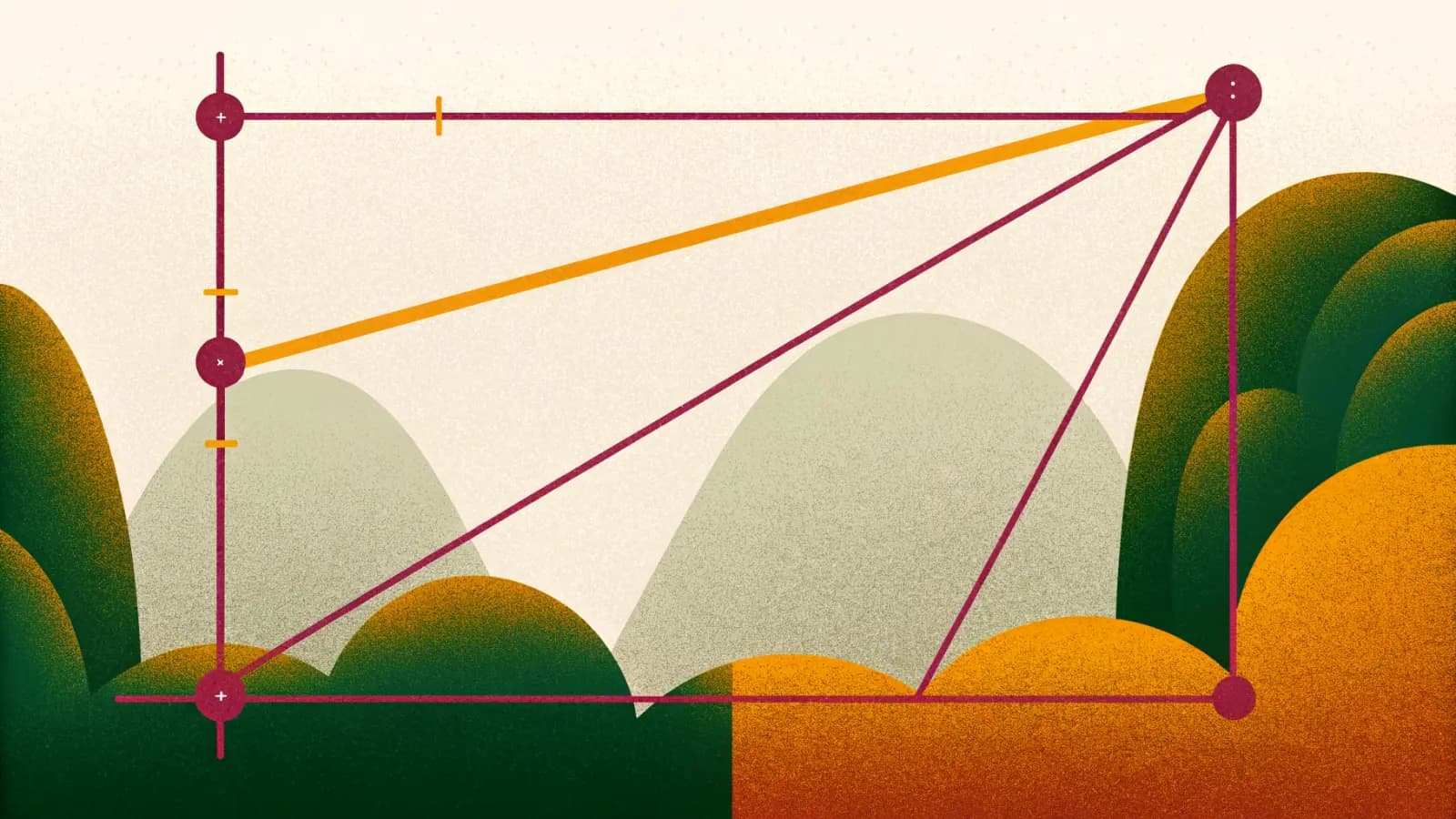 Illustration in a warm, grainy, flat style: rolling hills with a rectangular frame outline drawn over them and marker points at its corners