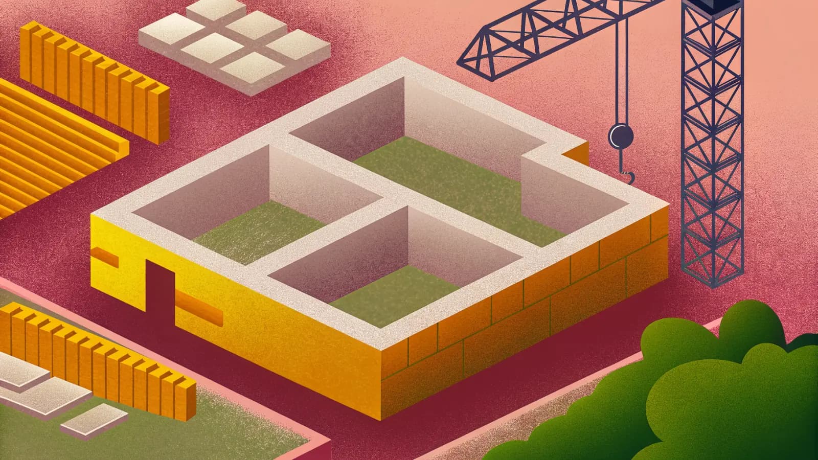Illustration in a warm, grainy, flat style: a building site seen from above at an angle, with laid out foundations, a tower crane and stacked materials