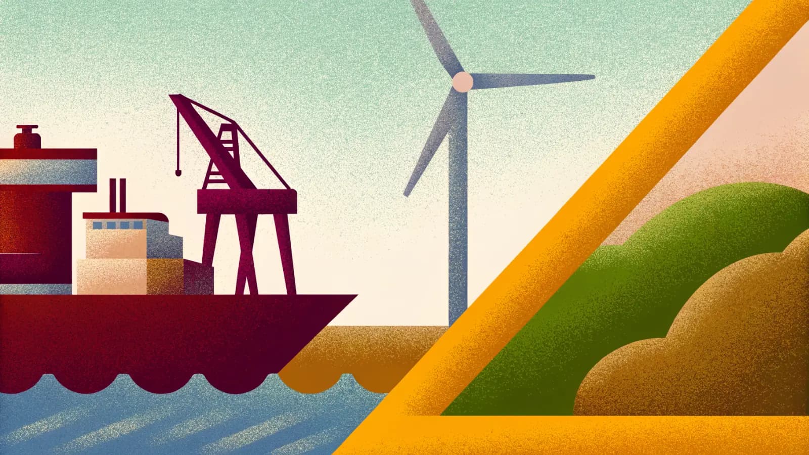 Illustration in a warm, grainy, flat style: a supply ship at a quay with a crane above it and a wind turbine turning on the shore behind