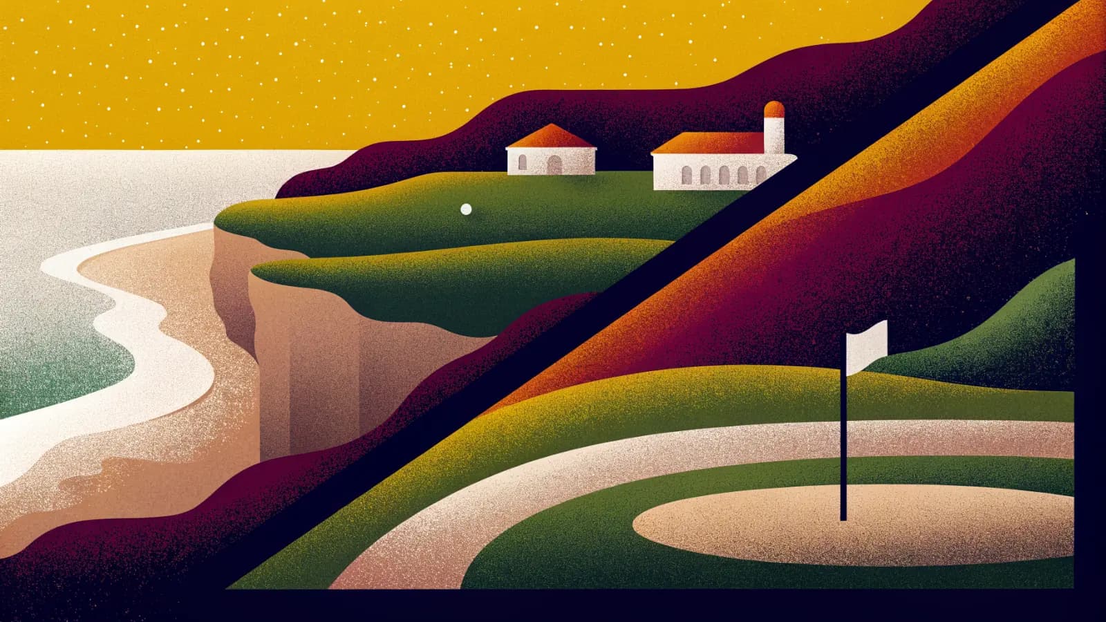 Illustration in a warm, grainy, flat style: white buildings on top of ochre sea cliffs, a golf flag on a green below and a curving sandy beach