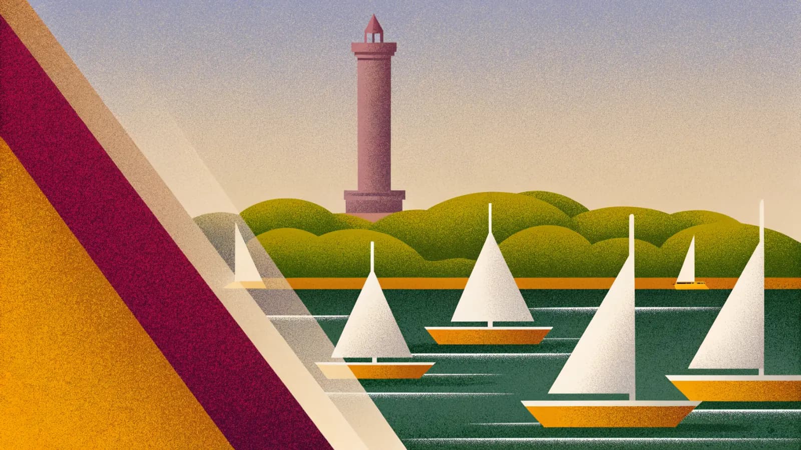 Illustration in a warm, grainy, flat style: sailing boats on the water below a slender lighthouse tower, with rounded green islands behind