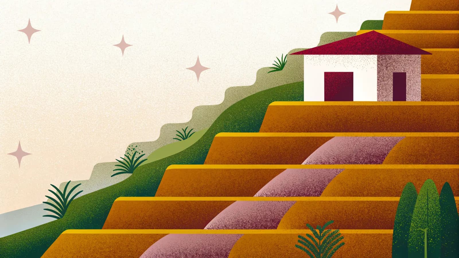Illustration in a warm, grainy, flat style: broad stepped terraces cut into a hillside, with a small tiled roof building at the top and planting along the edges