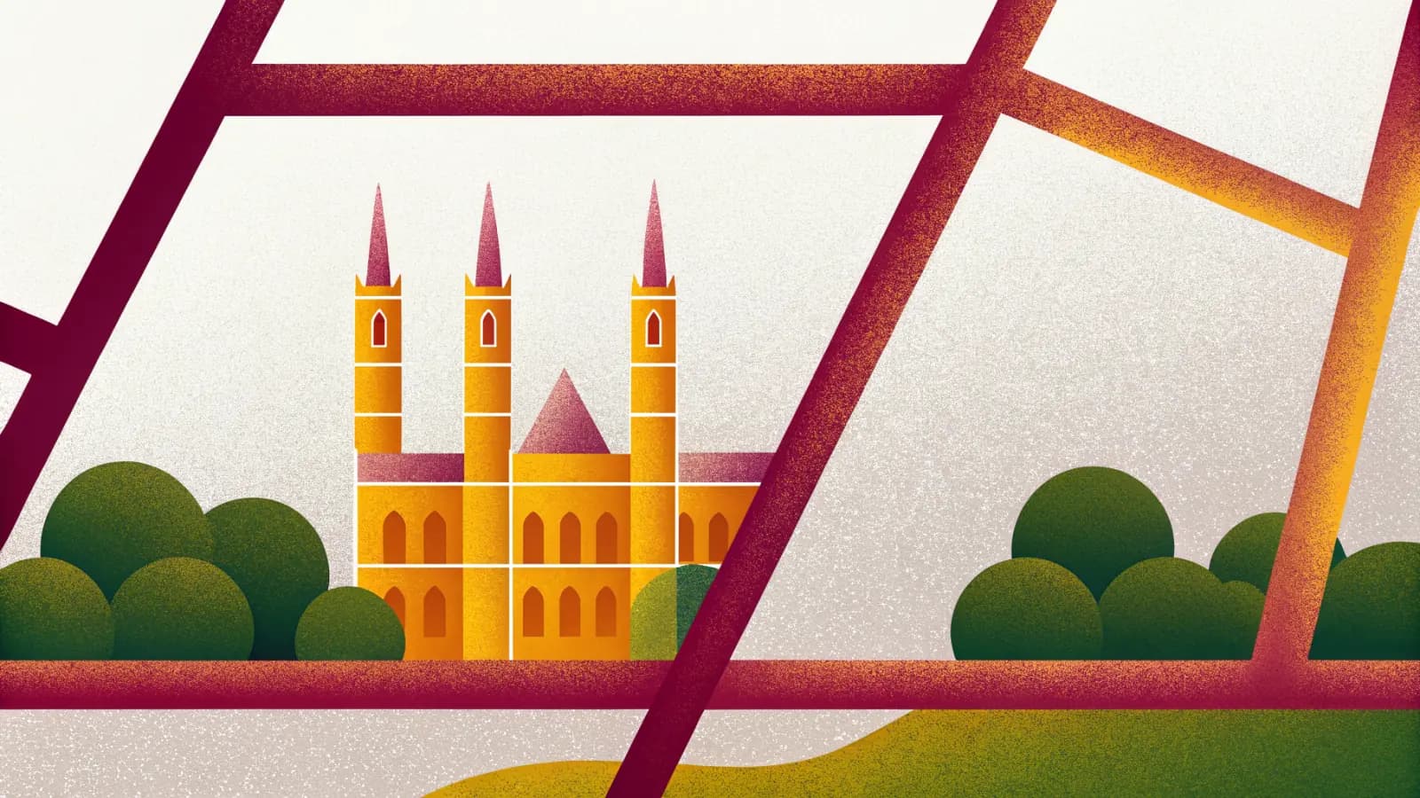 Illustration in a warm, grainy, flat style: an ornate church with tall pointed spires among trees, with streets running away on either side