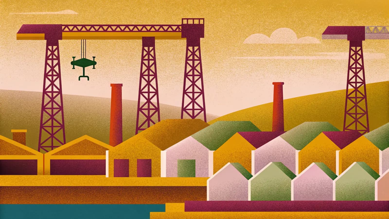 Illustration of a shipyard in a warm, grainy, flat style: two tall portal cranes over a dock, rows of pitched terraced roofs and chimneys below, low hills behind, and a small quadcopter in the sky