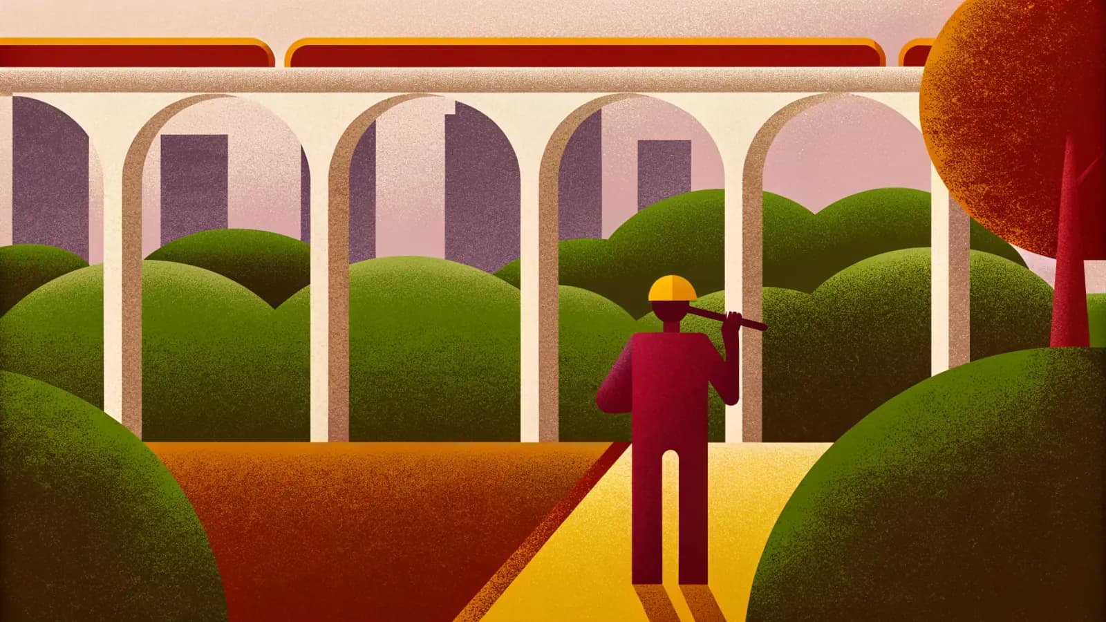Illustration in a warm, grainy, flat style: a long arched viaduct crossing rolling green ground, with a figure in a hard hat standing on the path below