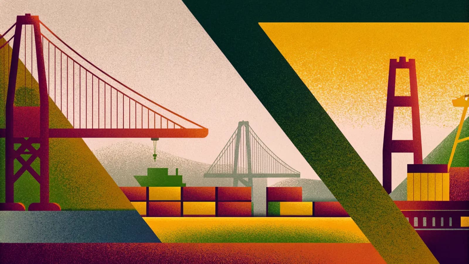 Illustration in a warm, grainy, flat style: quayside cranes over stacked shipping containers, with a suspension bridge on tall towers behind