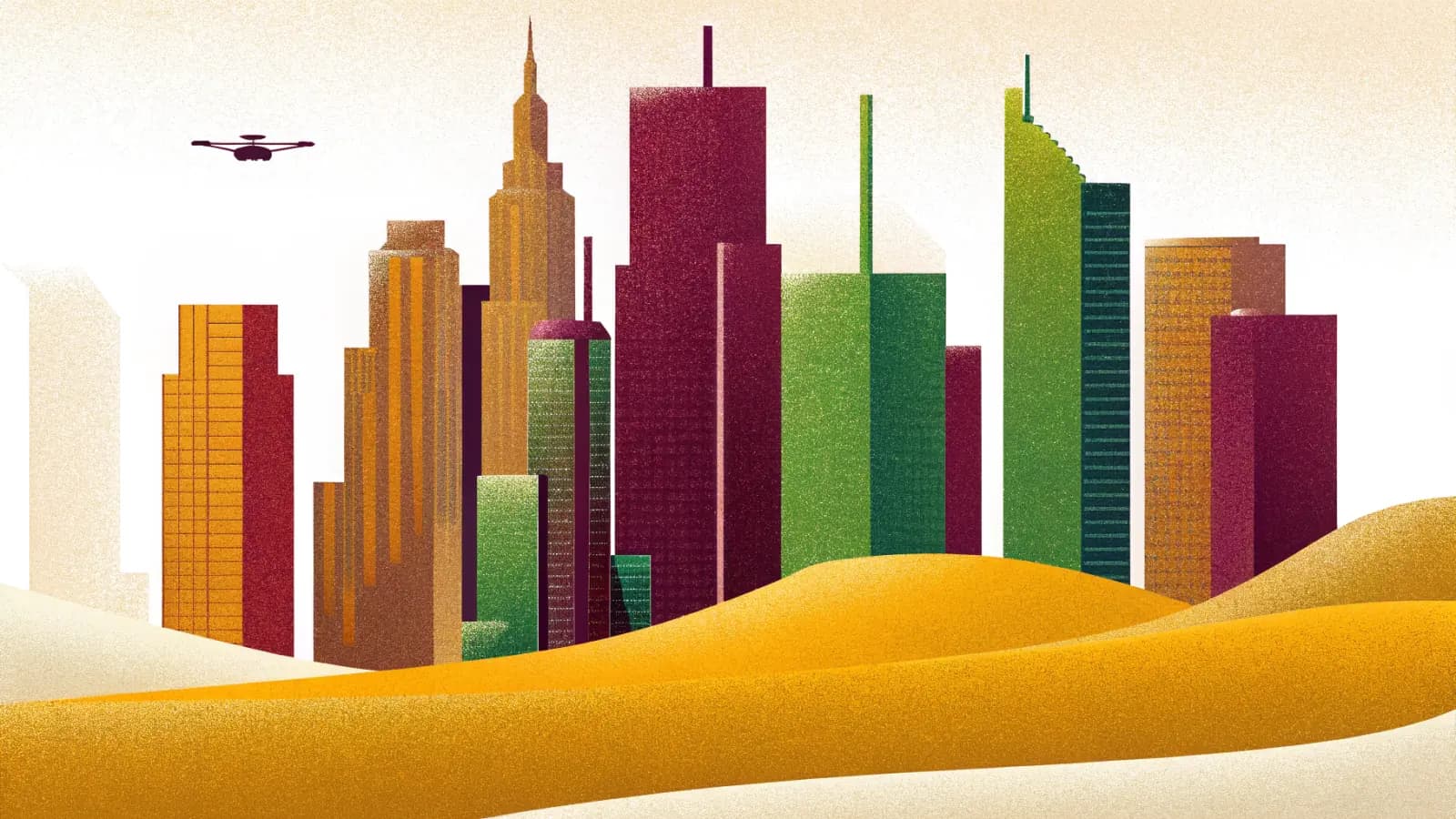 Illustration in a warm, grainy, flat style: a dense cluster of tall narrow towers of varying heights standing on sand dunes under a pale sky, with a small quadcopter to the left