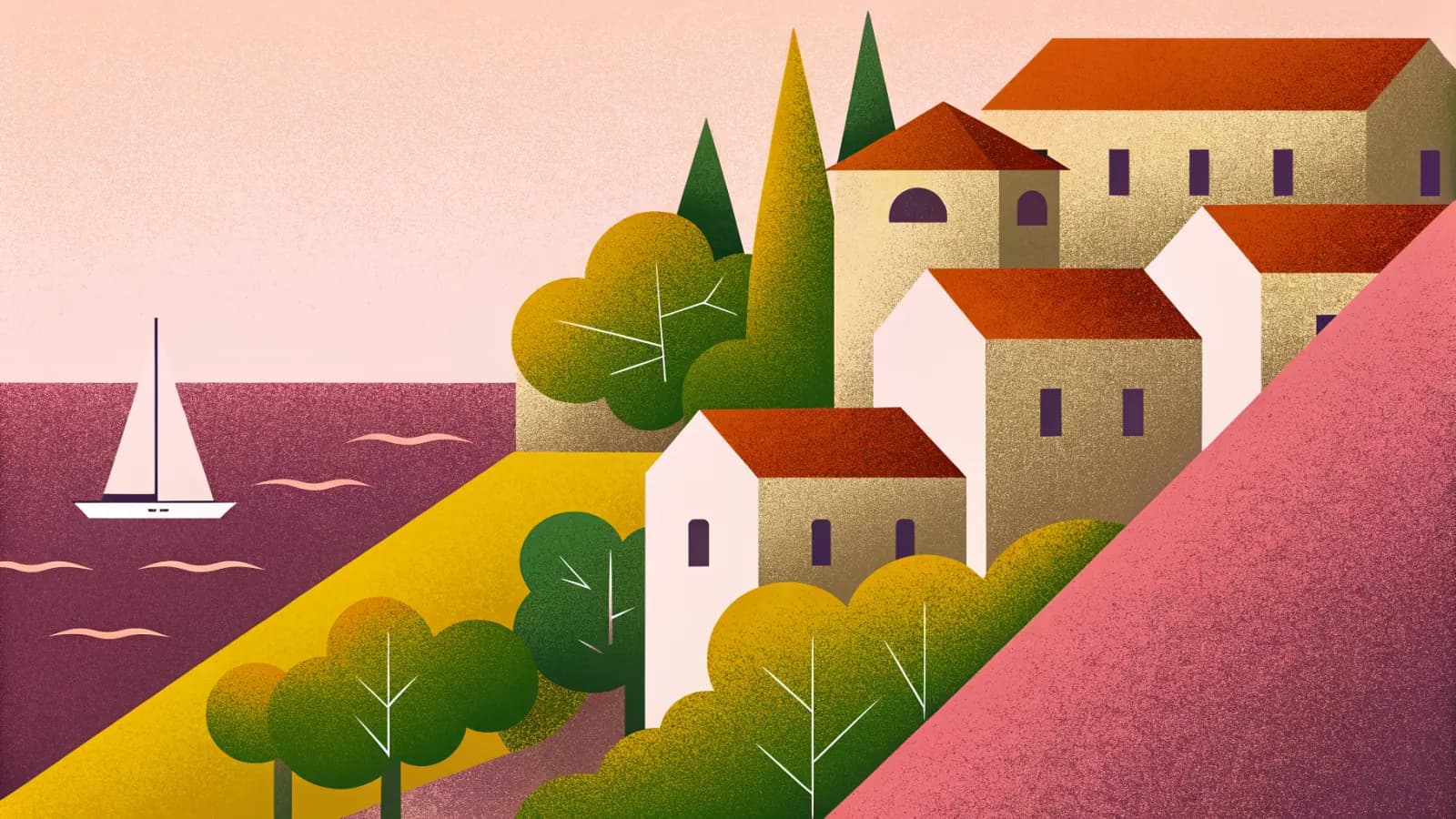 Illustration in a warm, grainy, flat style: a hillside town of pale houses with terracotta roofs above the sea, with cypress trees and a small sailing boat offshore