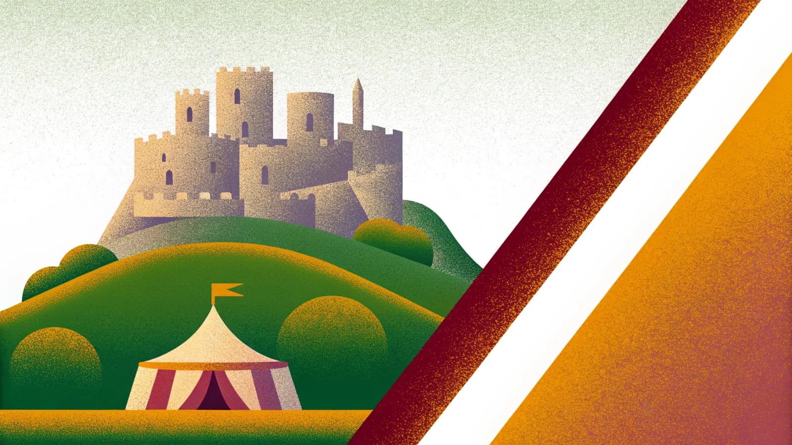 Illustration in a warm, grainy, flat style: a turreted castle on a steep green crag, with a striped festival tent pitched on the grass below it
