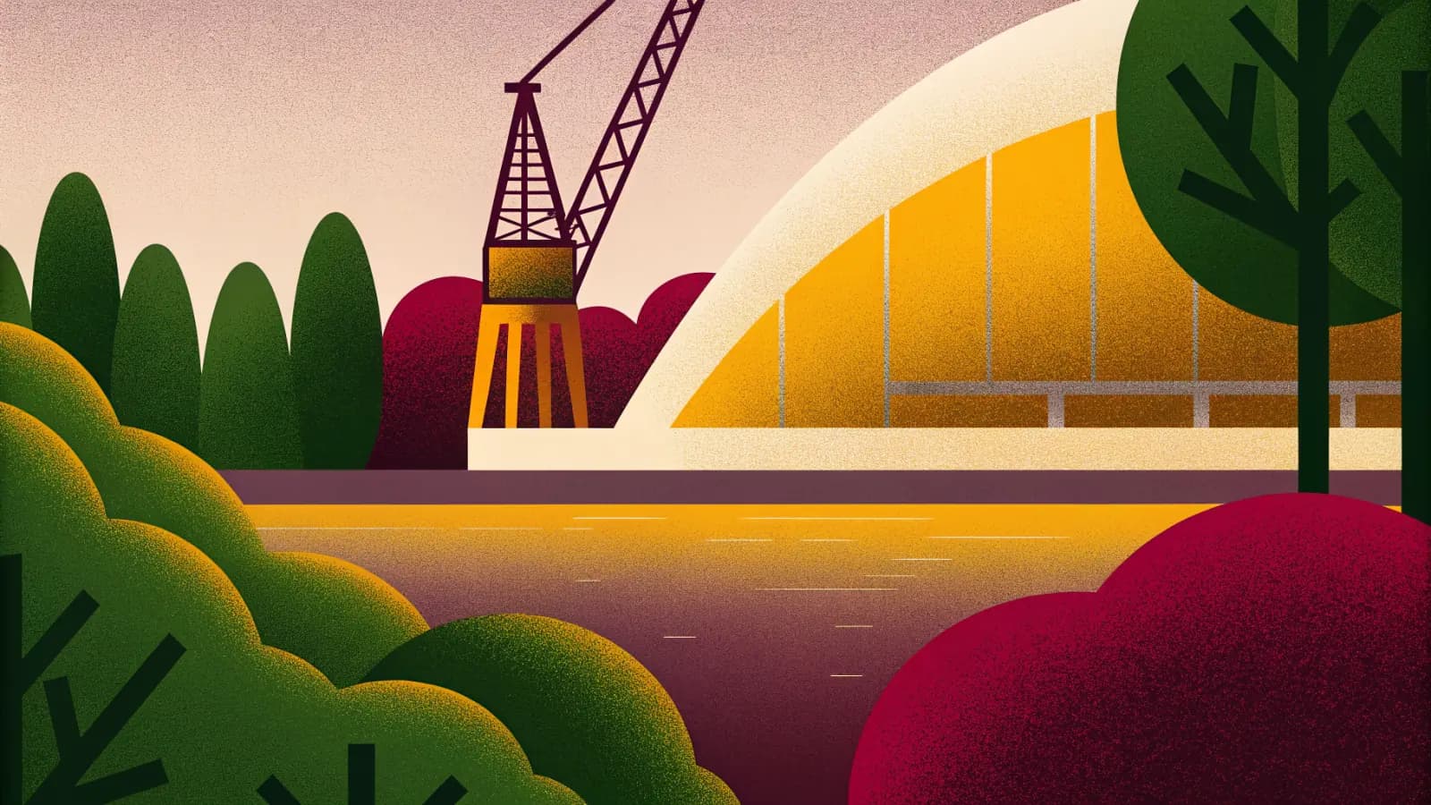 Illustration in a warm, grainy, flat style: a tall crane on a riverbank beside a curved shell shaped building, with trees along the quayside