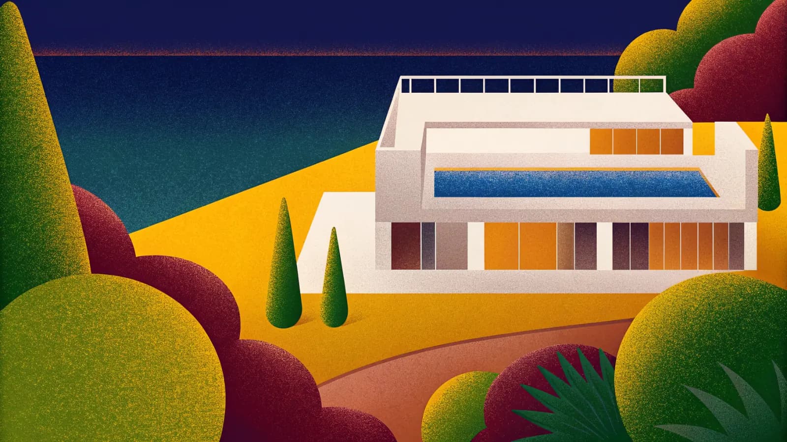 Illustration in a warm, grainy, flat style: a flat roofed white villa with a swimming pool on a hillside above a bay, surrounded by trees and shrubs
