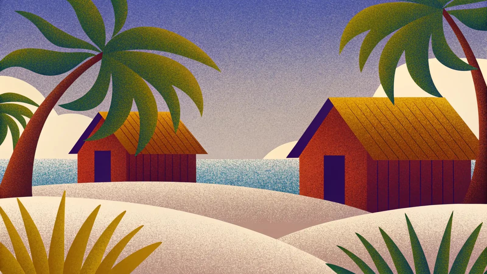 Illustration in a warm, grainy, flat style: palm trees leaning over a beach with two thatched roofed huts among them and a bay behind