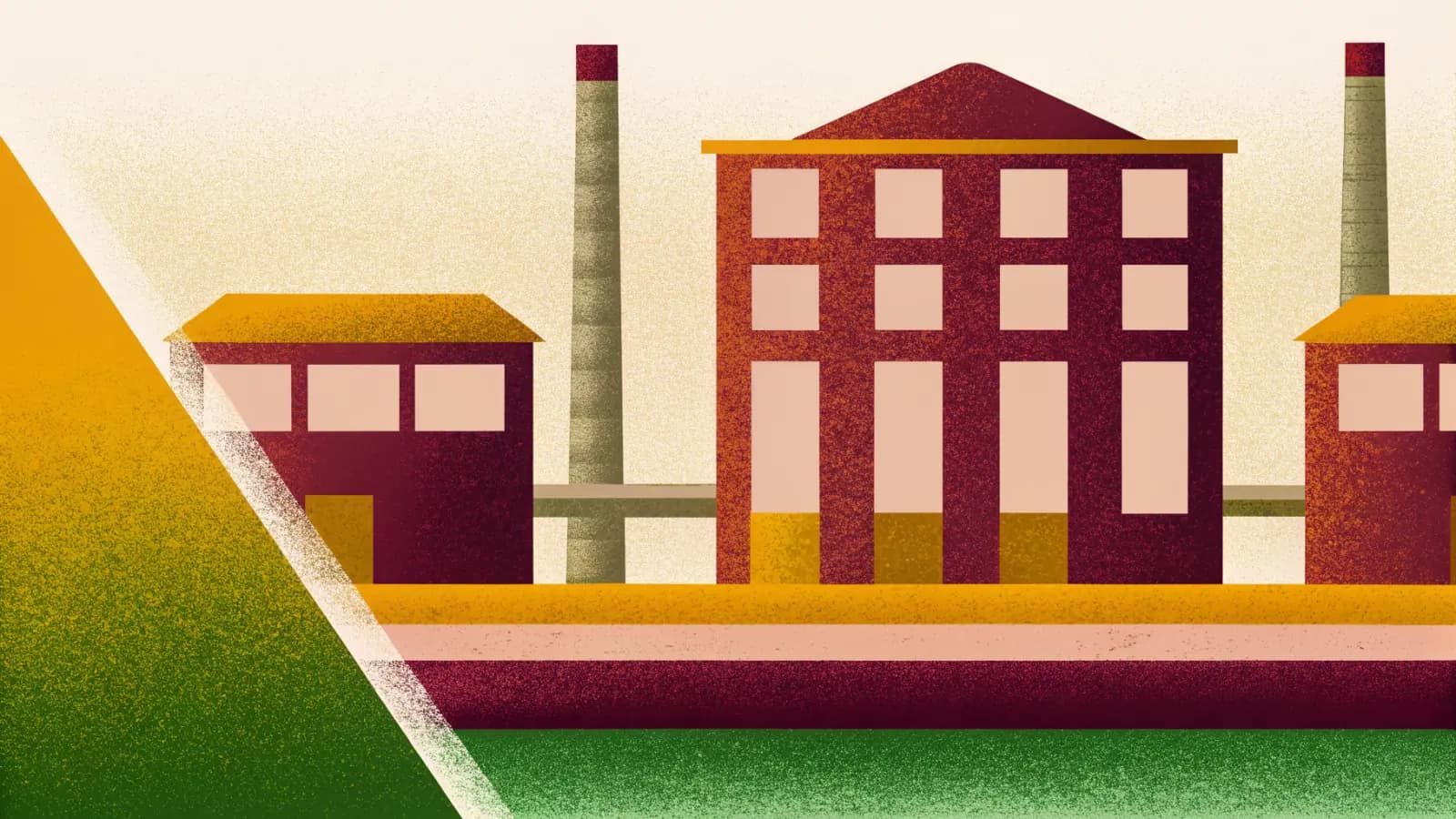 Illustration in a warm, grainy, flat style: brick mill buildings with tall chimneys standing along a green bank