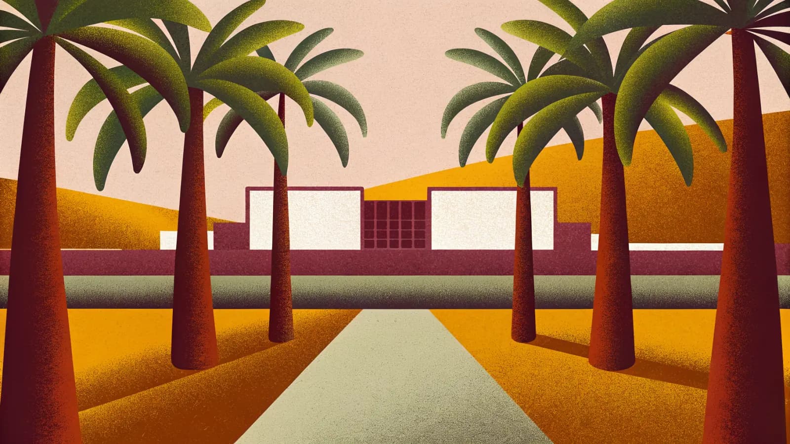 Illustration in a warm, grainy, flat style: tall palm trees in the foreground, a long low white building behind them and dry hills in the distance