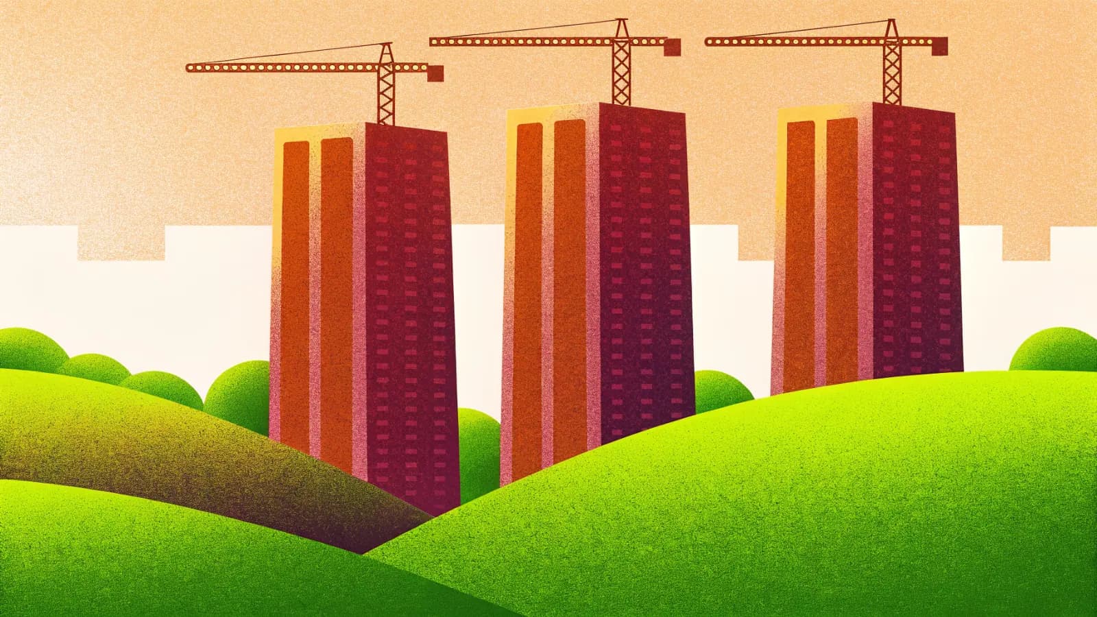 Illustration in a warm, grainy, flat style: a row of tall towers with construction cranes above them, standing over green hills