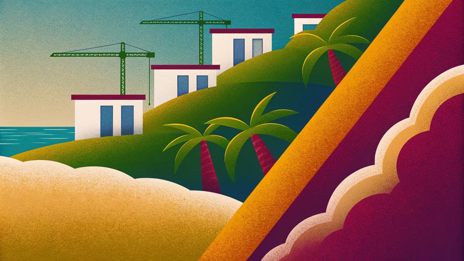 Illustration in a warm, grainy, flat style: white villas stepping up a hillside above a beach, with a construction crane over new blocks and palm trees below