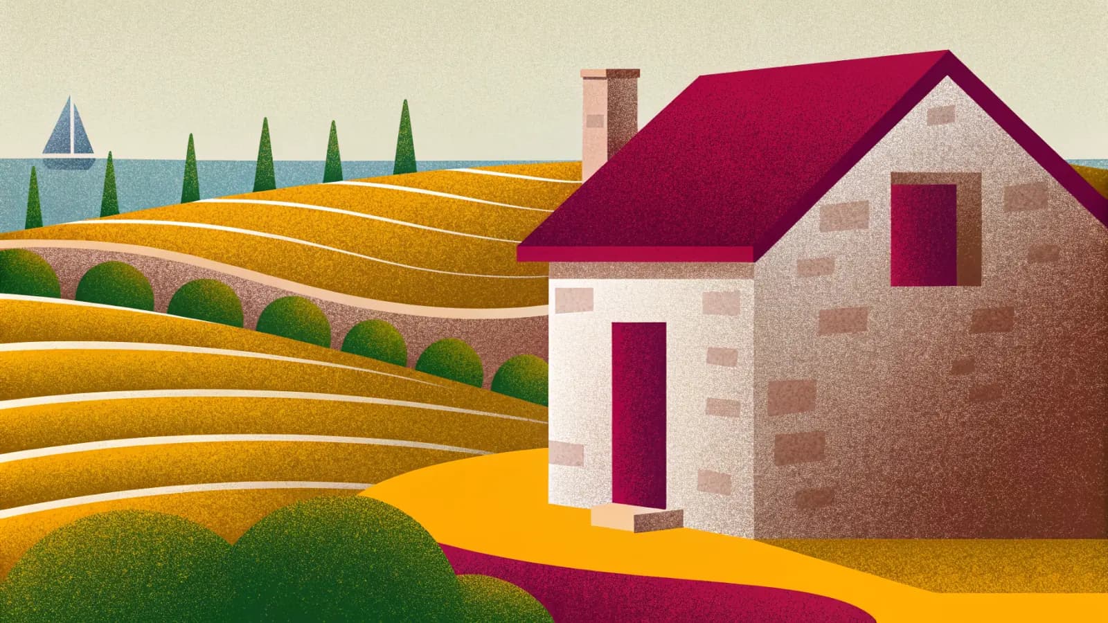 Illustration in a warm, grainy, flat style: a stone farmhouse with a tiled roof among terraced fields, with a sailing boat on the sea beyond