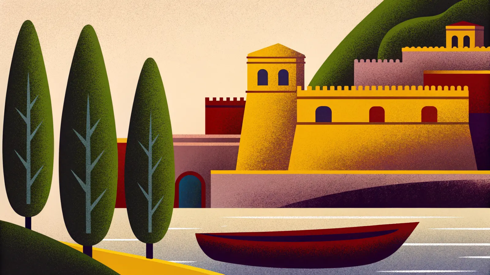 Illustration in a warm, grainy, flat style: a fortified stone town with battlements standing above the water, cypress trees to one side and a boat below