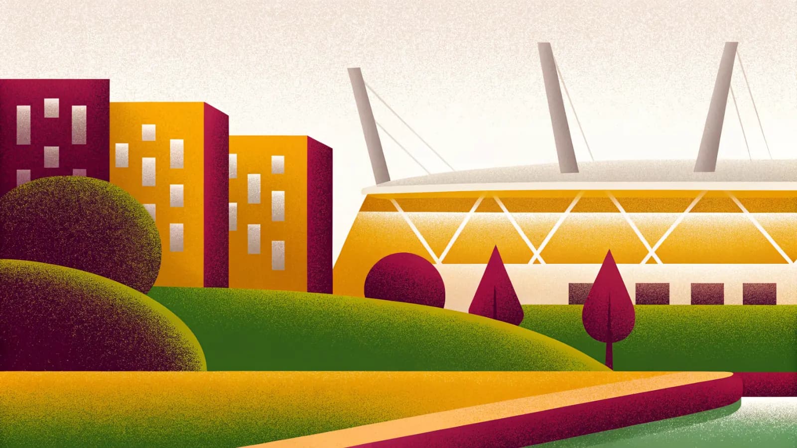 Illustration in a warm, grainy, flat style: modern blocks beside water with the roof of a large stadium held up on masts behind them