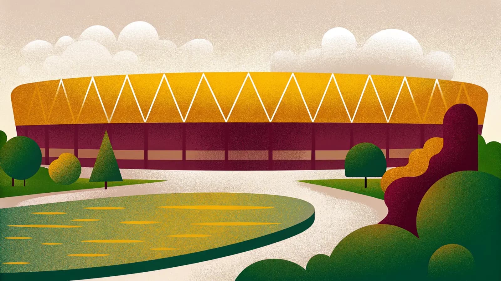 Illustration in a warm, grainy, flat style: a large oval arena with a scalloped roof beside a pond, surrounded by trees