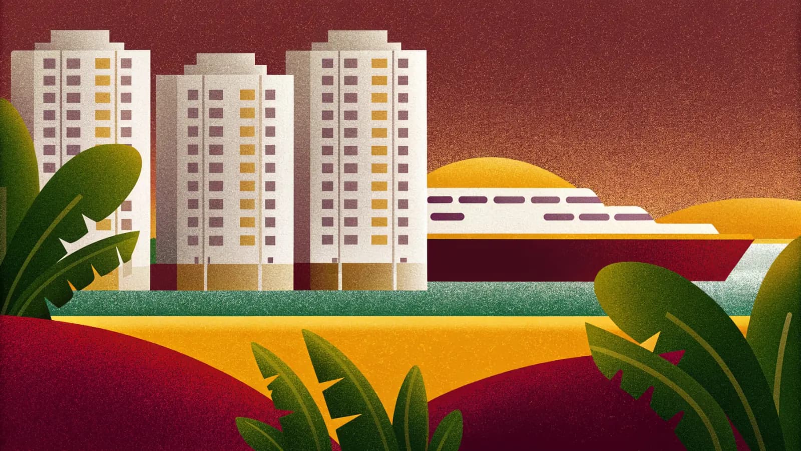 Illustration in a warm, grainy, flat style: three tall pale apartment towers behind a beach, a cruise ship at the waterline and broad leaved plants in the foreground