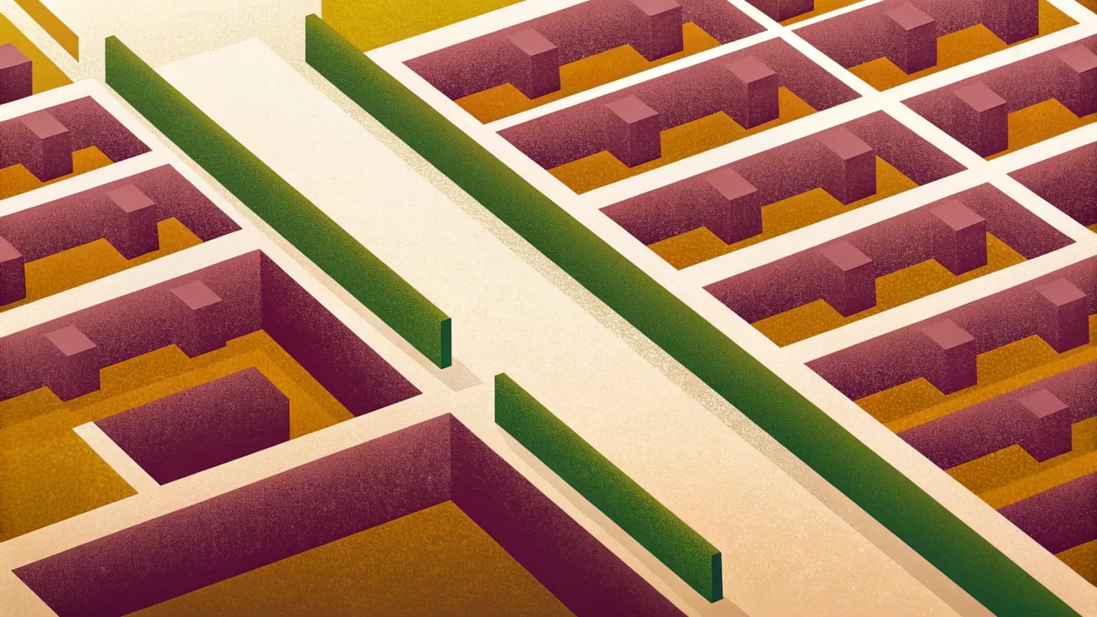 Illustration in a warm, grainy, flat style: a dense grid of city blocks seen from high above at an angle, streets running between rows of flat rooftops