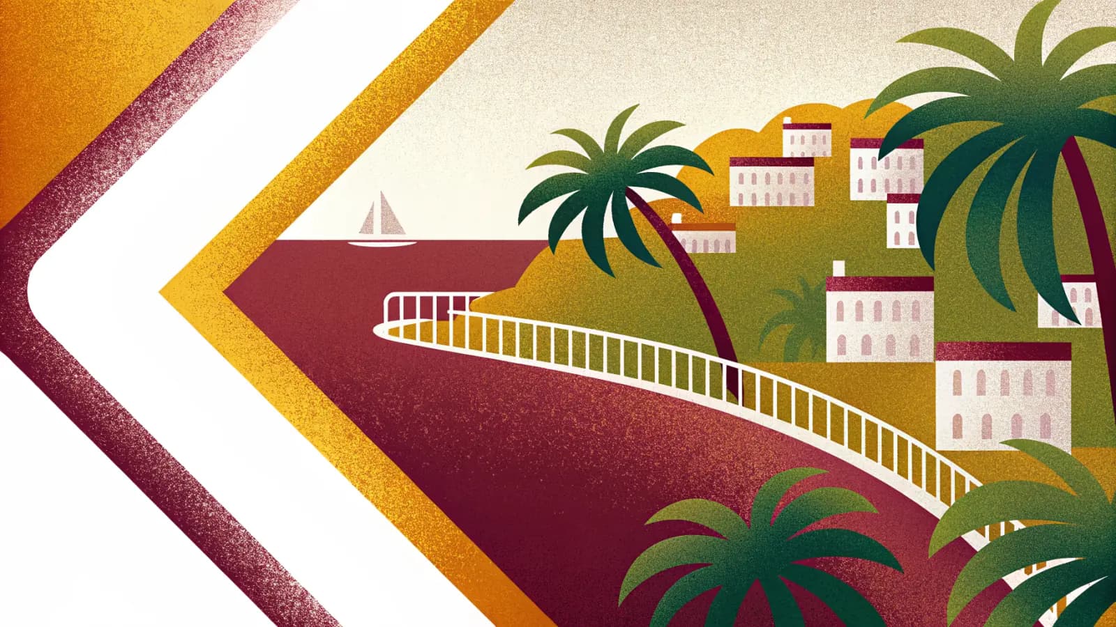 Illustration in a warm, grainy, flat style: a curving railed promenade along a bay, with palm trees and pale villas on the hillside above it