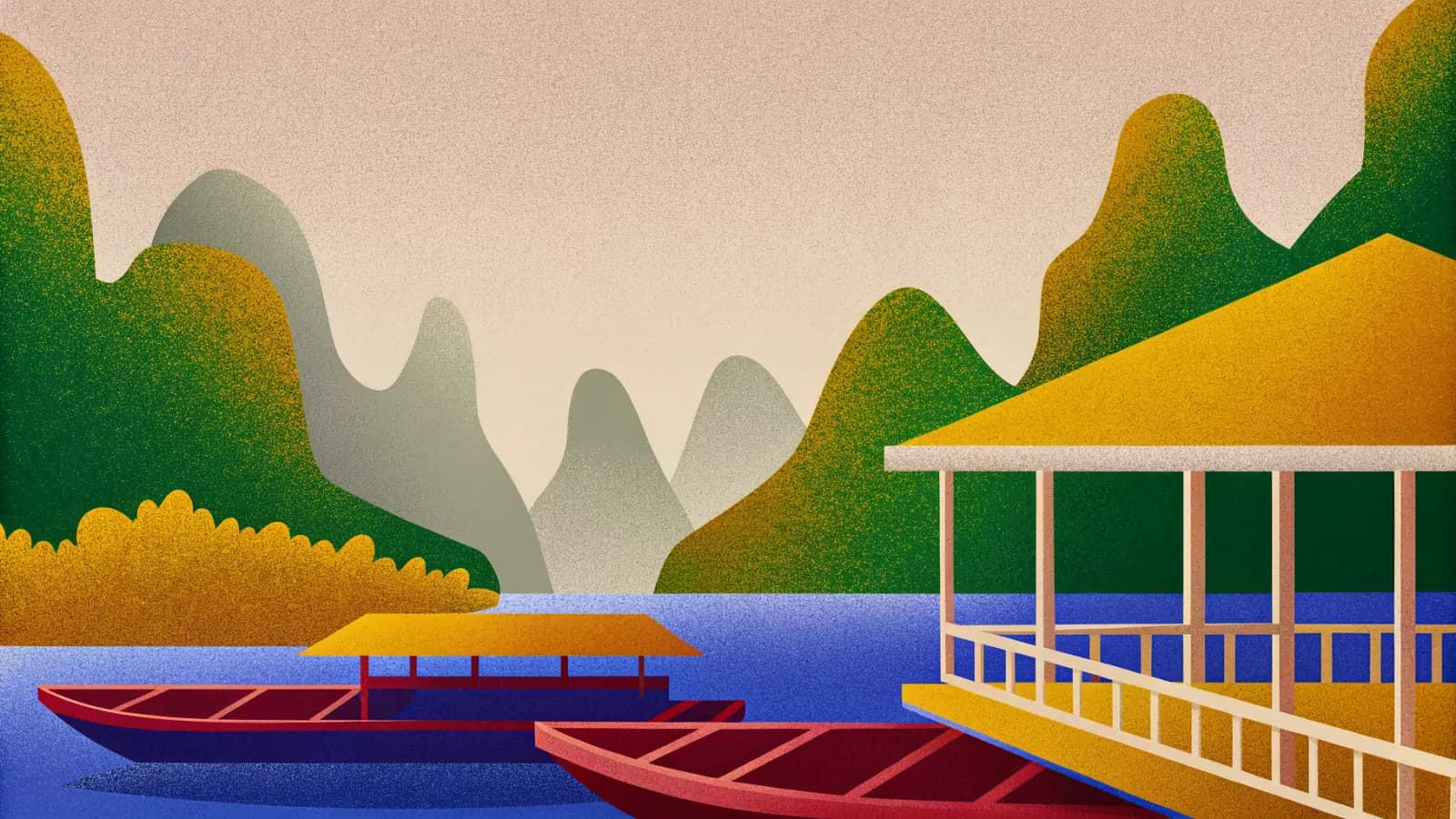 Illustration in a warm, grainy, flat style: steep limestone islands rising from a bay, with an open sided pavilion on the shore and long narrow boats moored below
