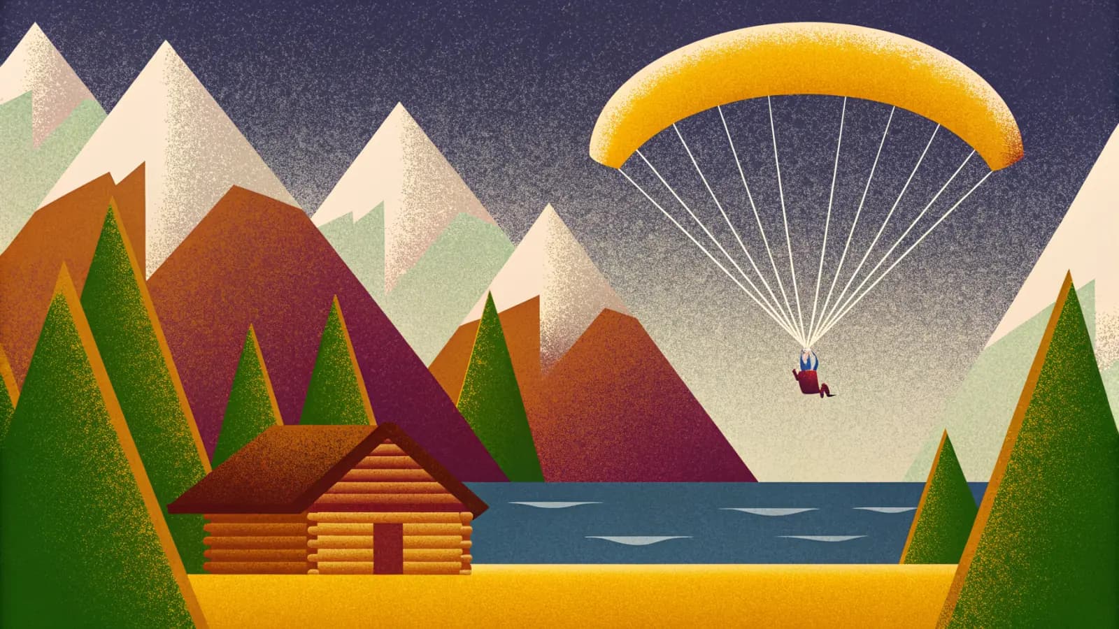 Illustration in a warm, grainy, flat style: a lake below sharp snow capped peaks, a timber lodge on the shore and a paraglider under a canopy above