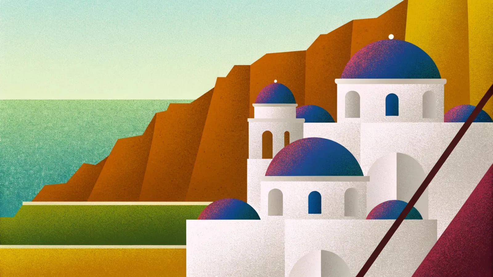 Illustration in a warm, grainy, flat style: white cubic buildings with rounded blue domes stepping down a steep cliff above the sea