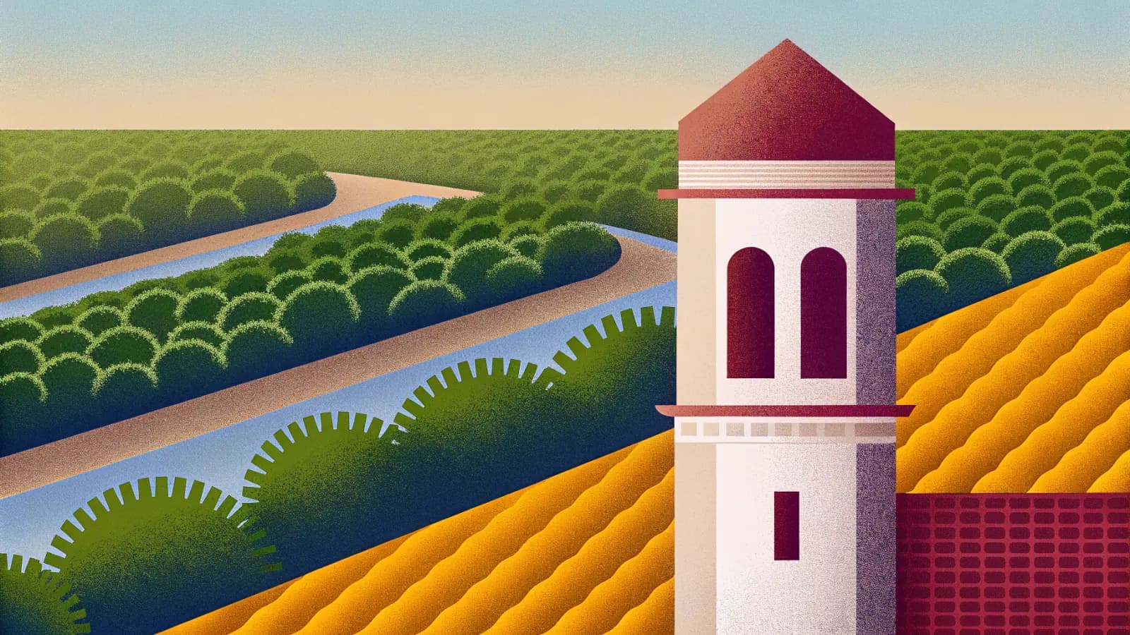 Illustration in a warm, grainy, flat style: a tall bell tower beside a waterway, with rows of orange trees planted in lines on the ground around it