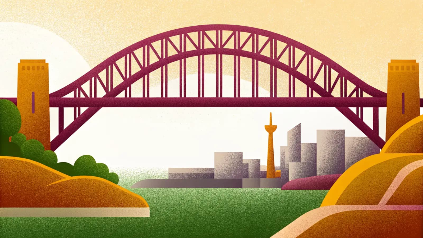 Illustration in a warm, grainy, flat style: a large steel arch bridge on stone piers spanning a harbour, with a low city skyline and green headlands beyond
