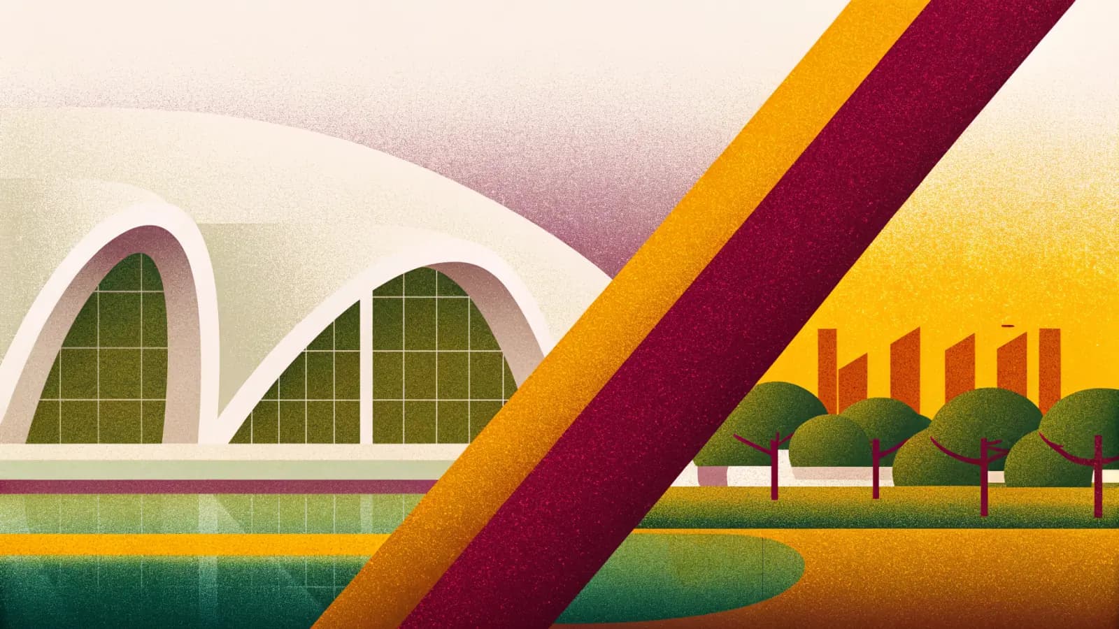 Illustration in a warm, grainy, flat style: white curving arched structures beside a long reflecting pool, with a low skyline in the distance