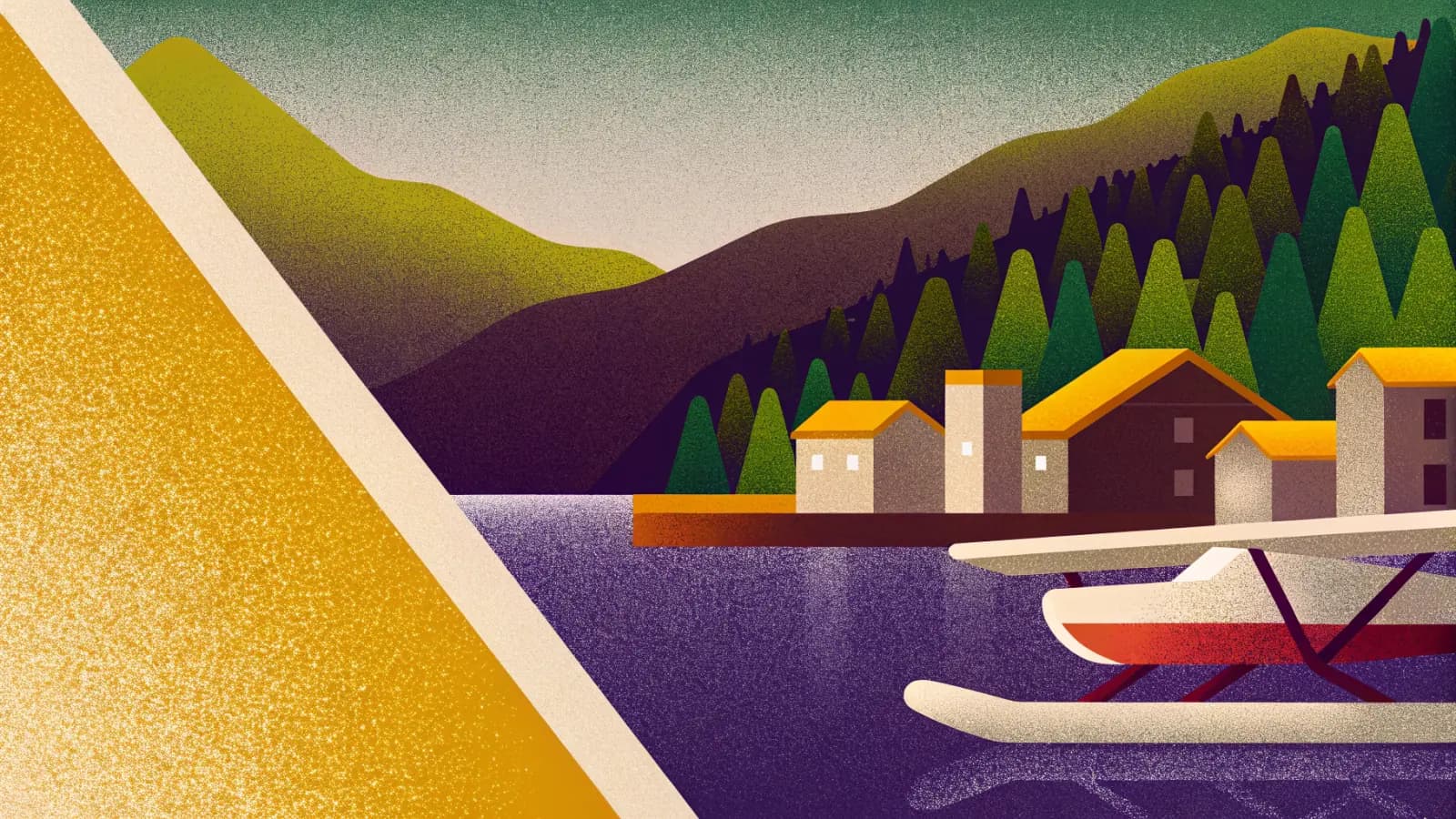 Illustration in a warm, grainy, flat style: a small seaplane on the water in front of low waterfront buildings, with forested mountains rising steeply behind