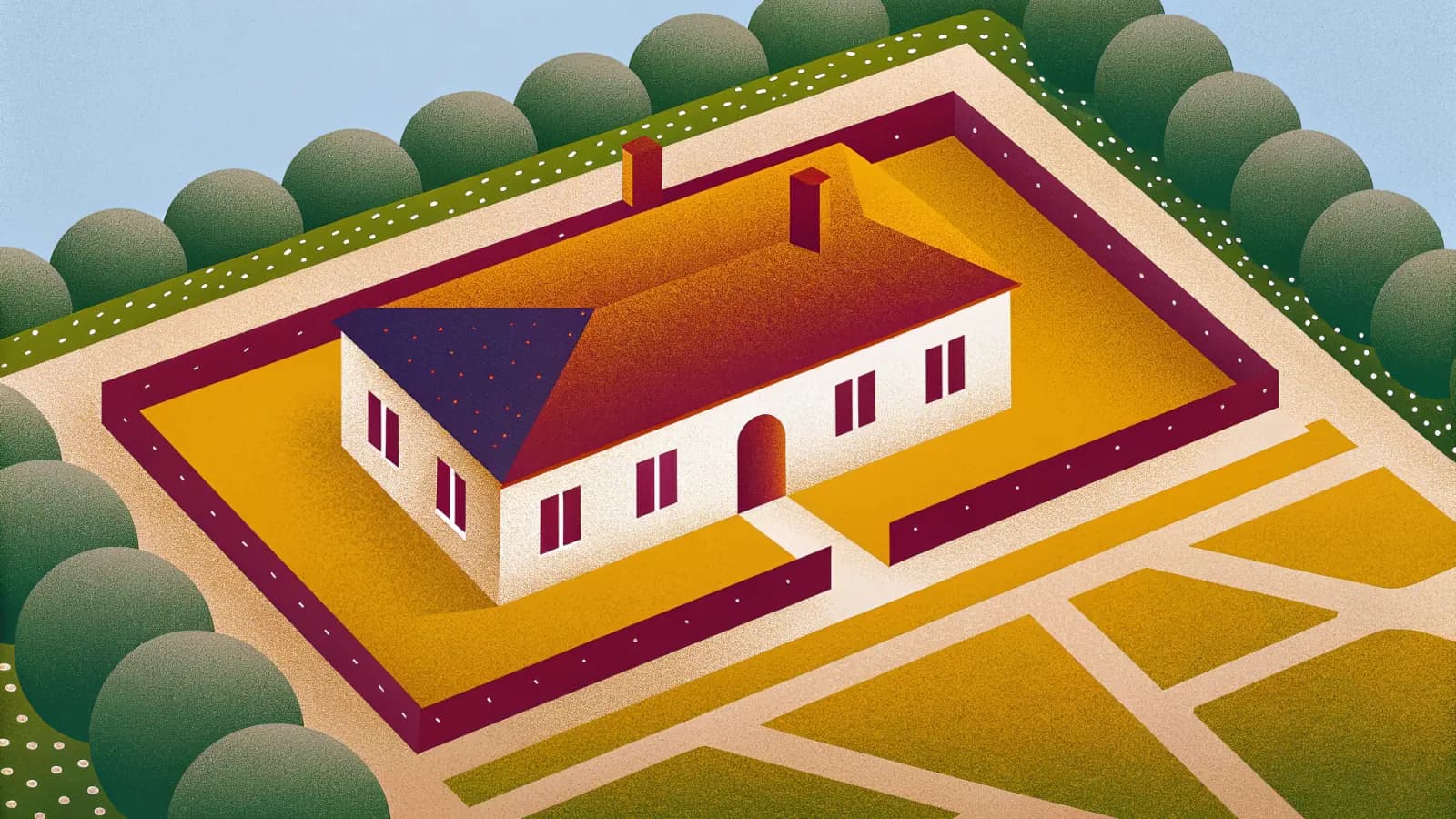 Illustration in a warm, grainy, flat style: a country house seen from above at an angle, inside a walled enclosure with lawns, paths and trees around it