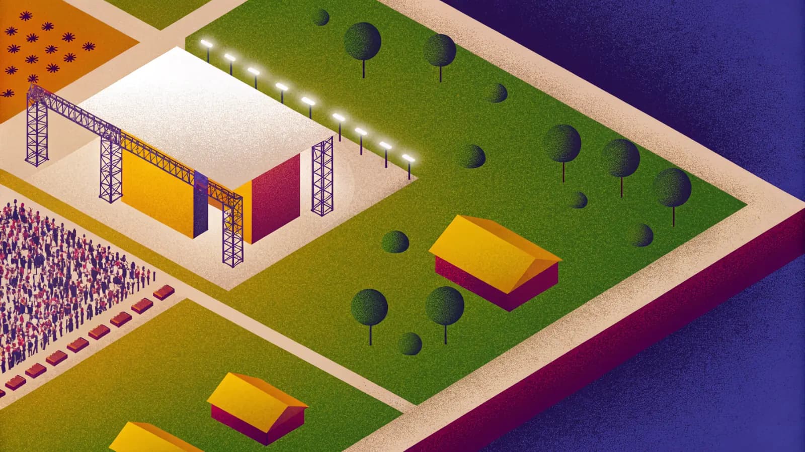 Illustration in a warm, grainy, flat style: an event field seen from above at an angle, with a covered stage, a lighting truss, a crowd and marquees on the grass