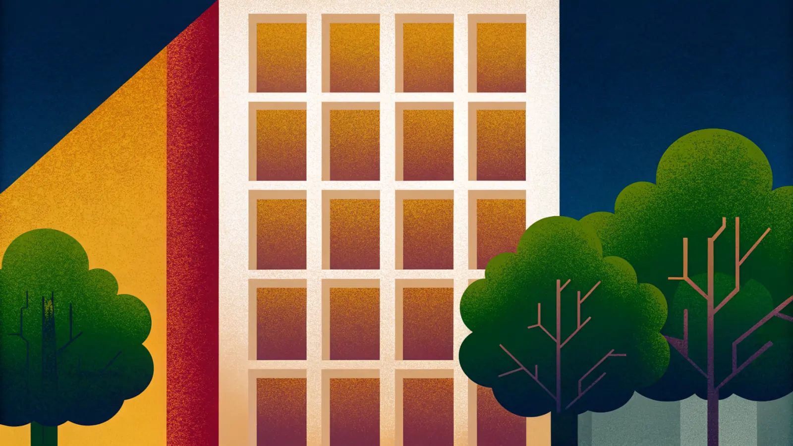 Illustration in a warm, grainy, flat style: the front of a tall building with windows in a regular grid, with trees standing in front of it