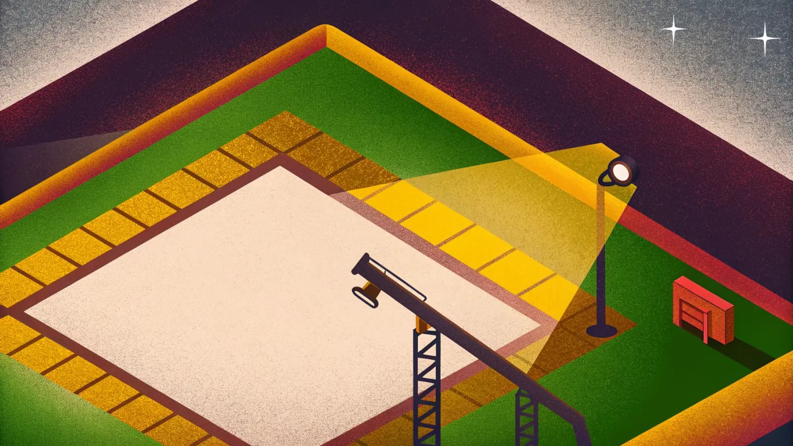 Illustration in a warm, grainy, flat style: a film set seen from above at an angle, with a camera crane, a lighting stand and equipment around a marked out area
