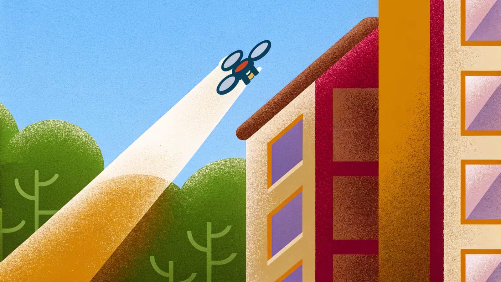 Illustration in a warm, grainy, flat style: a small drone banking steeply beside a building, a pale trail marking the line of its flight