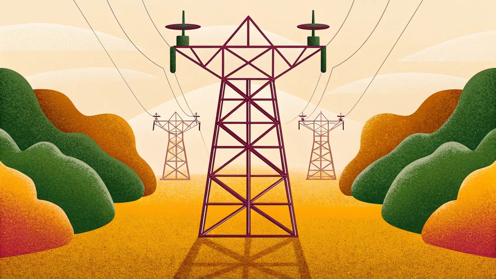 Illustration in a warm, grainy, flat style: a lattice steel pylon carrying power lines across open ground, with smaller pylons receding into the distance