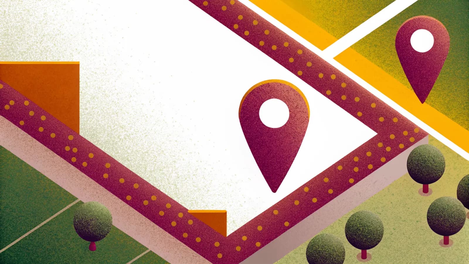 Illustration in a warm, grainy, flat style: a parcel of ground seen from above with a dotted boundary running around it and two map pins placed inside