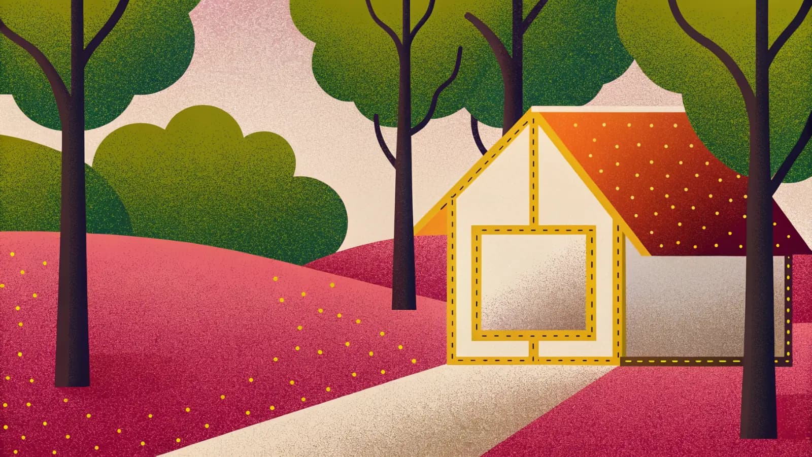 Illustration in a warm, grainy, flat style: trees on open ground with a house drawn as a wireframe outline among them and scattered points of light across the ground