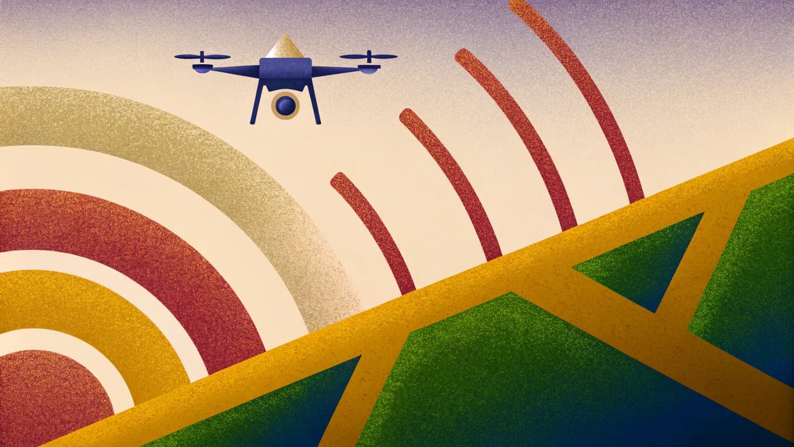 Illustration in a warm, grainy, flat style: a drone above open ground with concentric curved arcs radiating outward from it