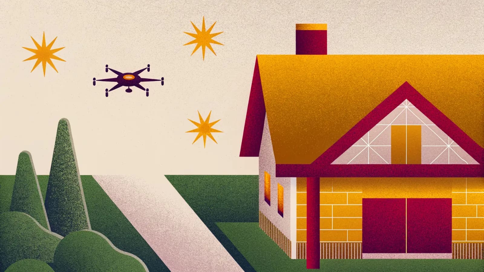 Illustration in a warm, grainy, flat style: a house with one gable drawn as a wireframe and the rest solid, with a drone above it